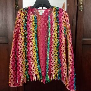Vintage Sandy Starkman Jacket XL Colorful Macrame Fringe Cropped Shacket Cotton